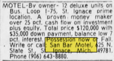 San Bar Motel (San-Bar Motel) - 1974 For Sale (newer photo)